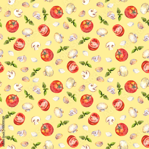 Vintage seamless background with retro drawings of vegetables and mushrooms 
