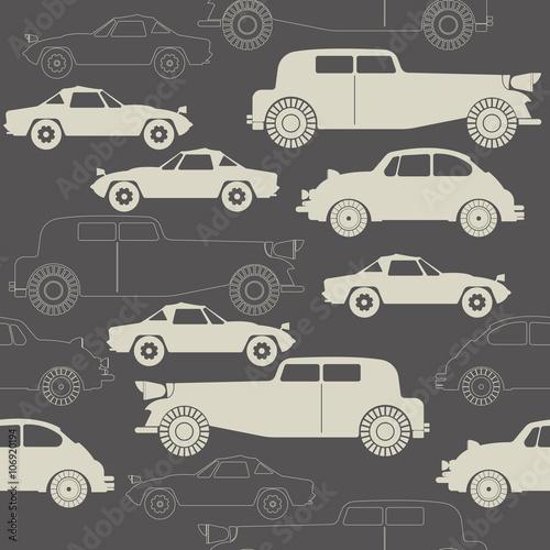 Elegant seamless pattern with retro cars on grey background