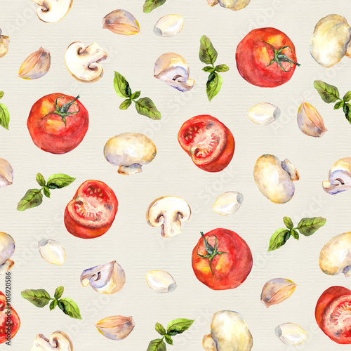 Patterned background with vegetarian vegetables: tomatoes, mushrooms, garlic and basil 