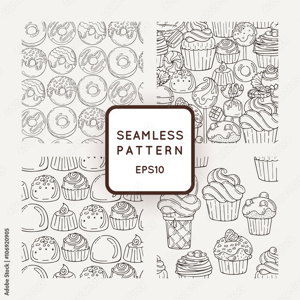 Set of Vector Candy, Bows and Muffins Seamless Patterns. Sweet Party Texture.