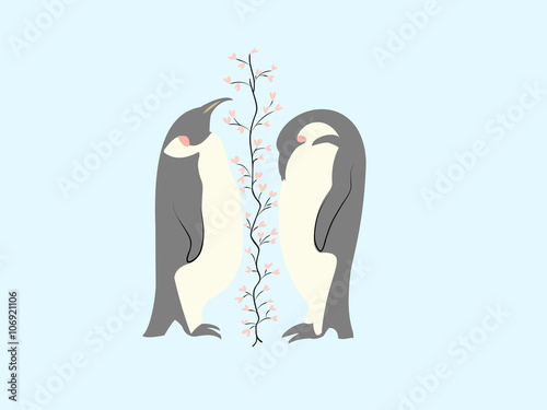 Two lovers penguin and tree of hearts