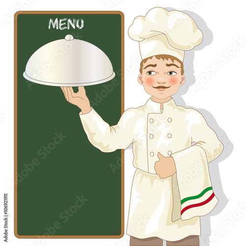 Chef with Tray and Blackboard for Menu
