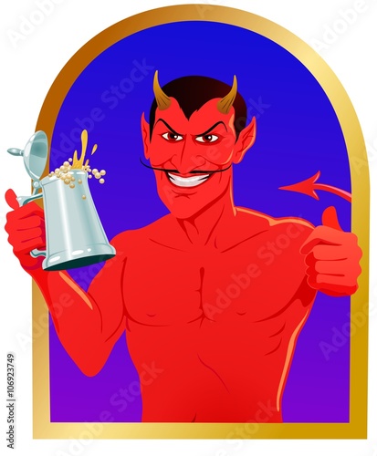 Satanic figure with a stein of ale, he approves with a thumbs up.