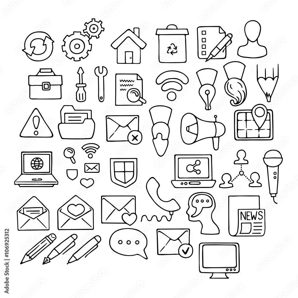 Set of doodle web, computer and drawing icons.