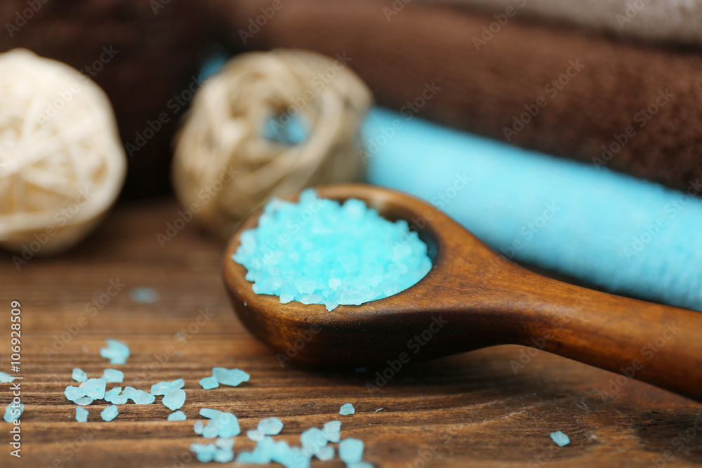 Spa treatments on wooden table, close up Spa treatments on wooden table, close up