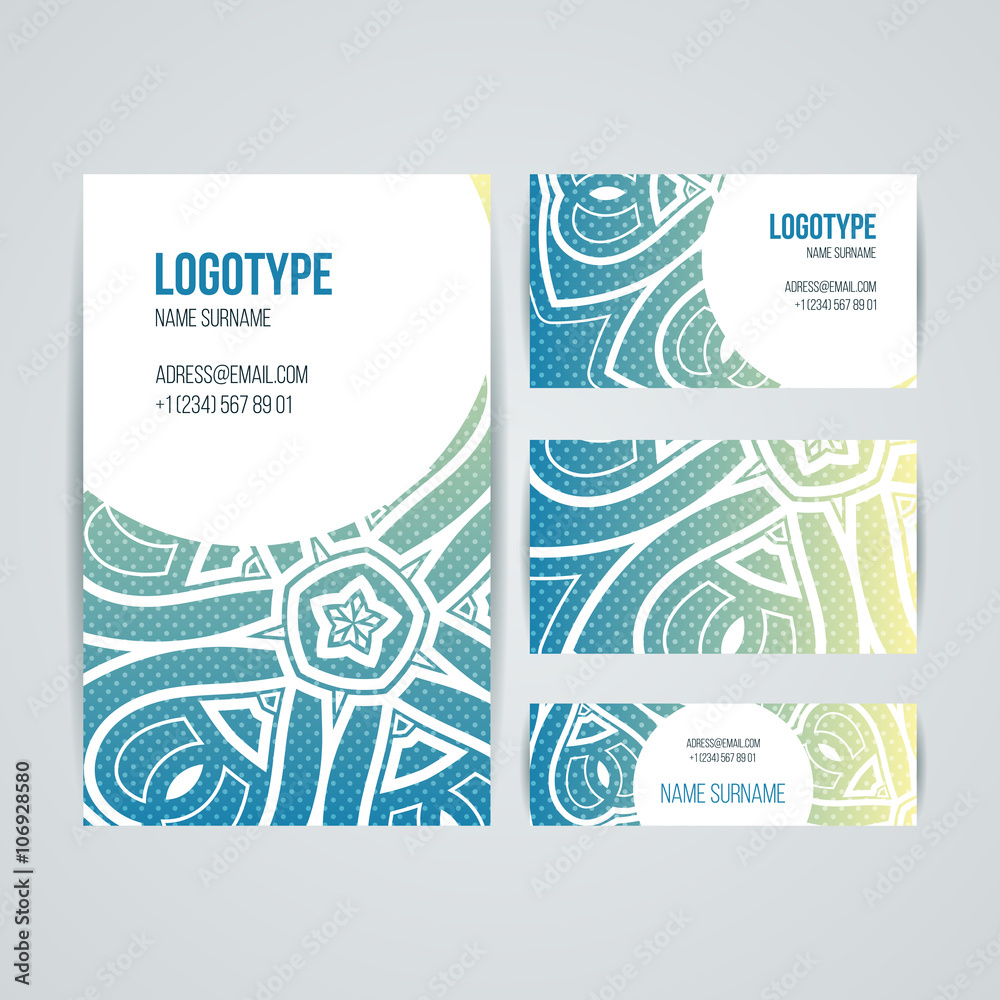 Naklejka premium Set of vector design templates. Business card with floral circle ornament. Mandala style.