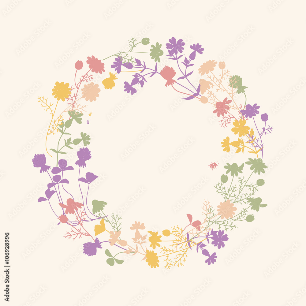 Vector floral frame. Wild flowers wreath in pastel colors. Card for spring, summer, invitation, wedding designs. Vector floral frame. Wild flowers wreath in pastel colors. Card for spring, summer, invitation, wedding designs.