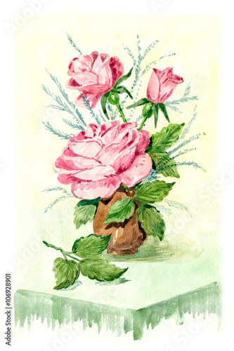 Red roses in a vase  watercolor painting.