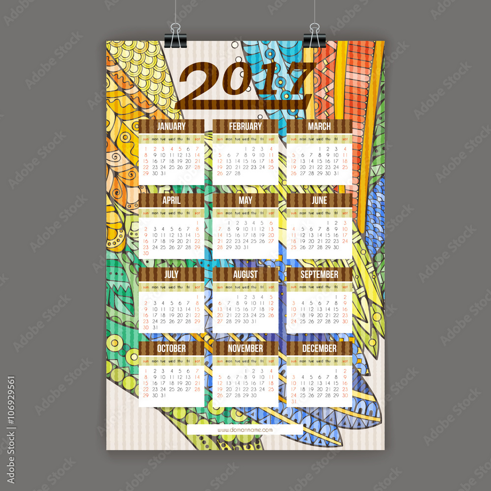 Zentangle colorful calendar 2017 hand painted in the style of floral patterns and doodle. 