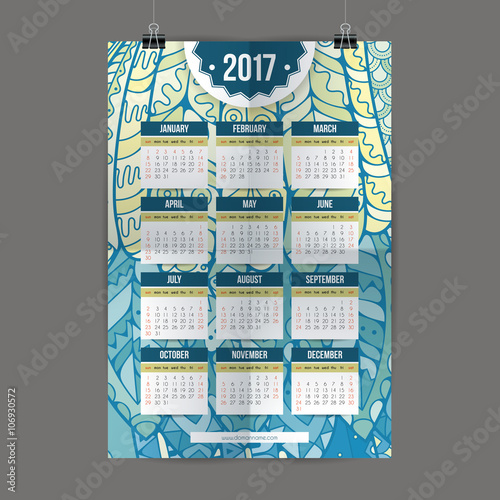 Zentangle colorful calendar 2017 hand painted in the style of floral patterns and doodle. 