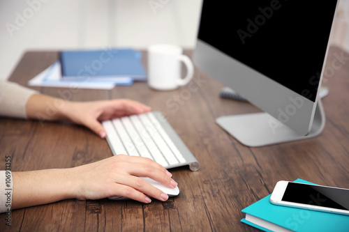 Work concept. Woman typing on keyboard, close up