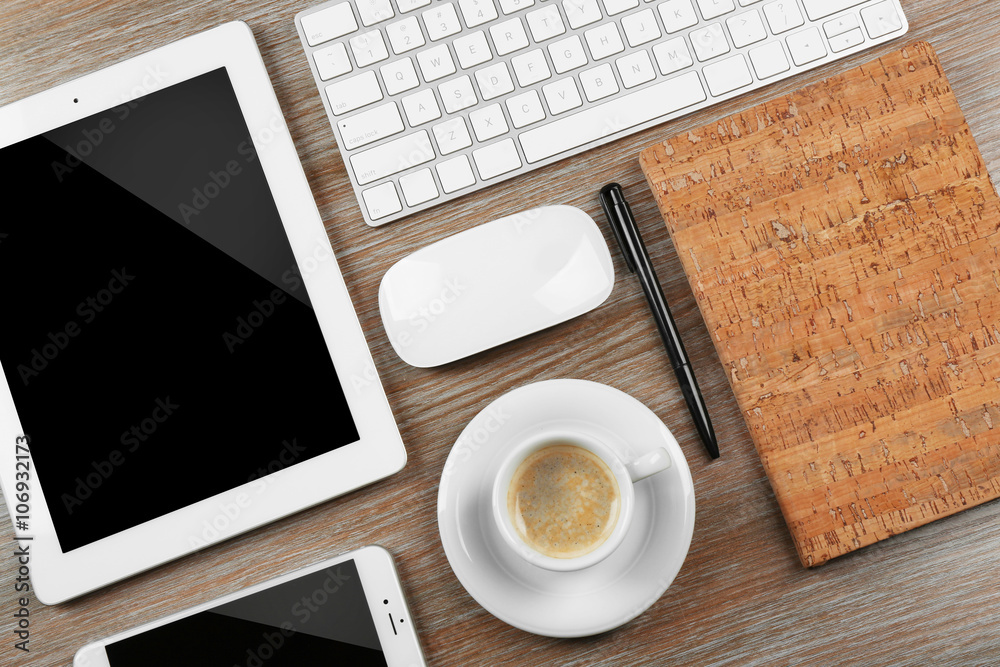 Flat lay of workplace in office with business accessories Flat lay of workplace in office with business accessories
