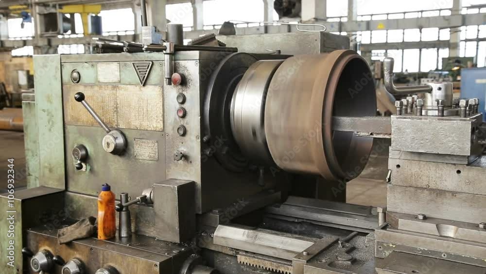 Turning lathe in action.Facing operation of a metal blank on turning machine with cutting tool.Old turning lathe machine in turning workshop.Operator machining high precision mold part by cnc lathe Turning lathe in action.Facing operation of a metal blank on turning machine with cutting tool.Old turning lathe machine in turning workshop.Operator machining high precision mold part by cnc lathe