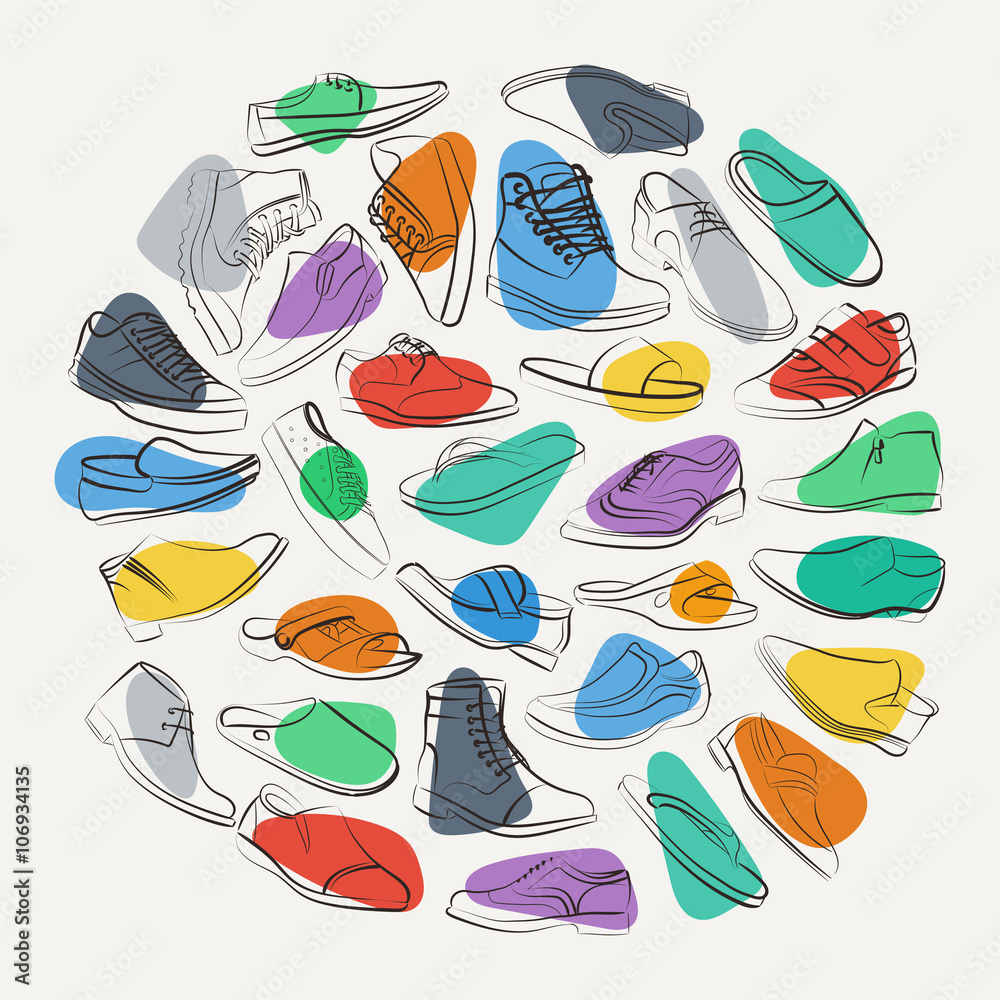 Elegant collage of mens shoes and boots on a colorful spots.