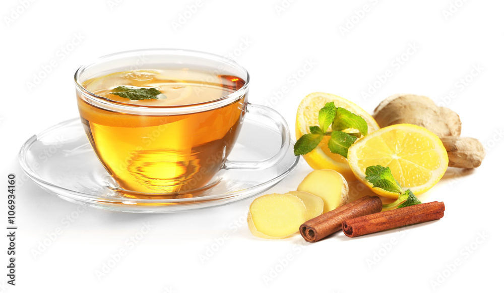 Cup of tea with ginger and cinnamon isolated on white Cup of tea with ginger and cinnamon isolated on white