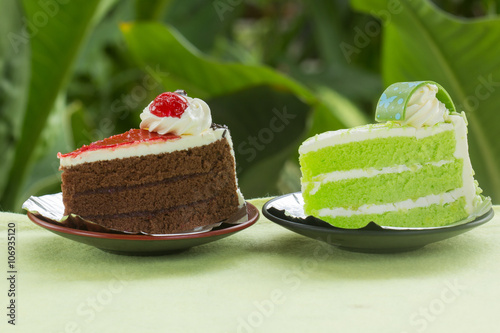 Chocolate cake with strawberry jam and Pandan cake