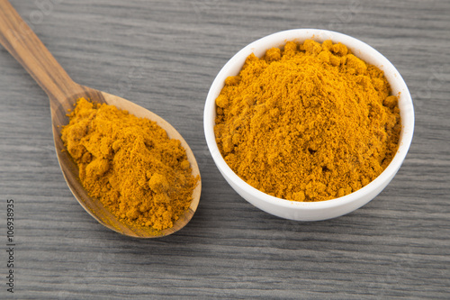 Turmeric powder in bowl and wooden spoon
