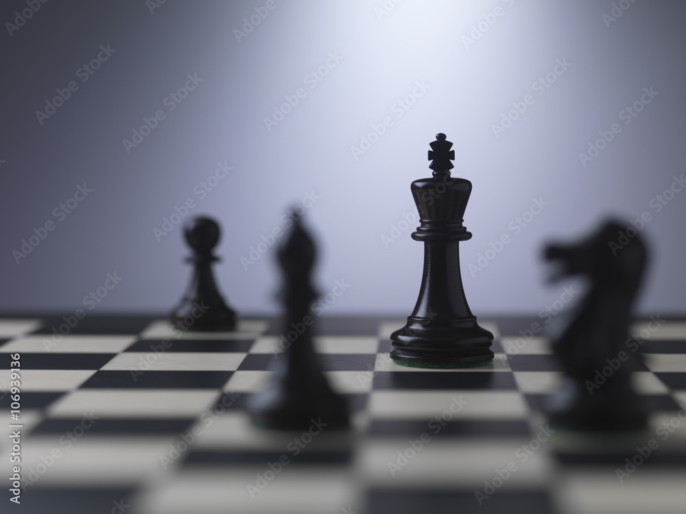 Chess pieces on a board showing king Chess pieces on a board showing king