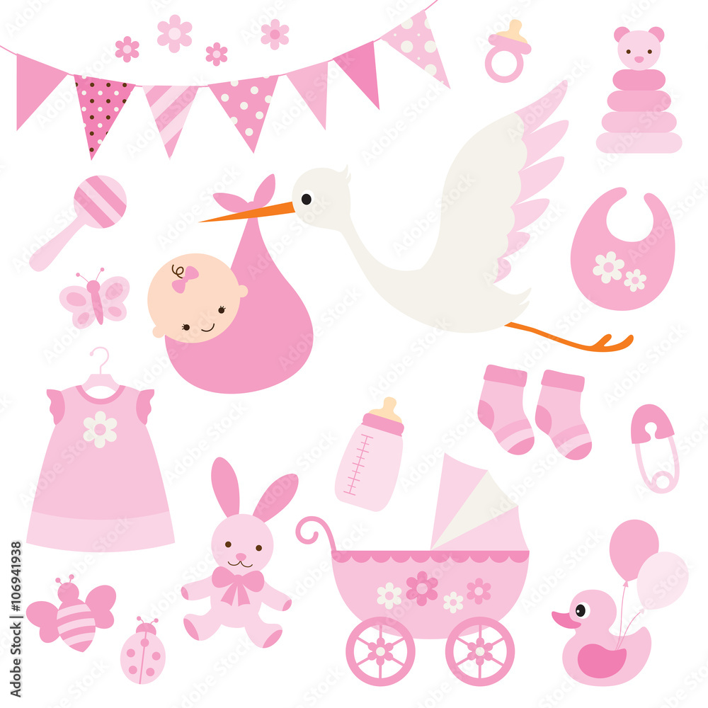 Vector illustration for baby girl shower and baby items.