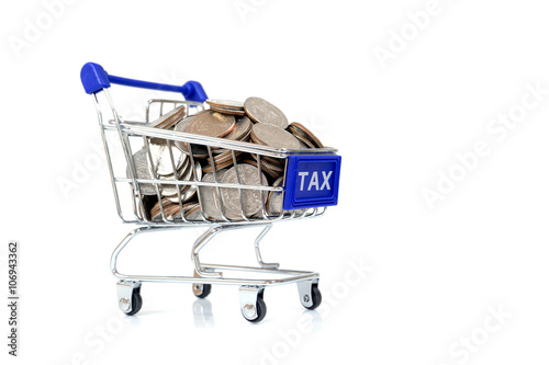 Tax concept with shopping cart with full of coin. © photobuay