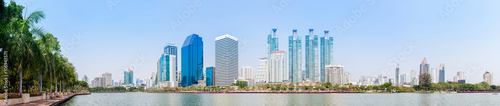 Bangkok, Thailand - Mar 20, 2016 Panorama Cityscape of downtown from the view in Benjakijti Park