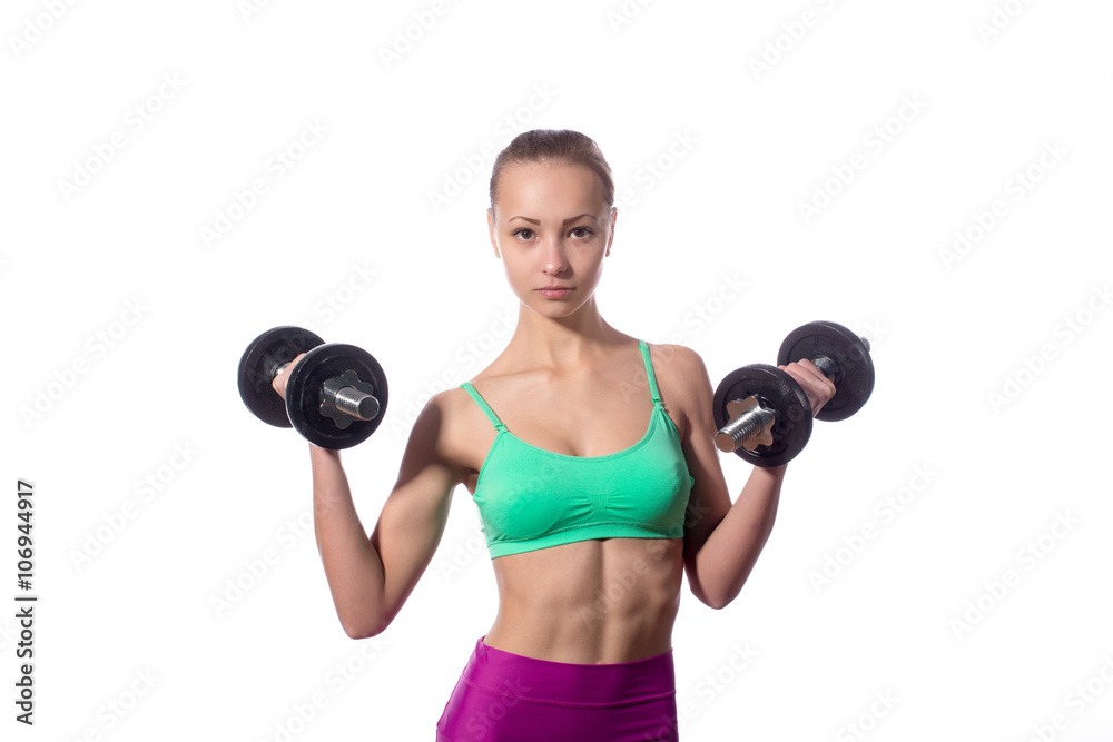 young athlete with a dumbbell. isolate young athlete with a dumbbell. isolate