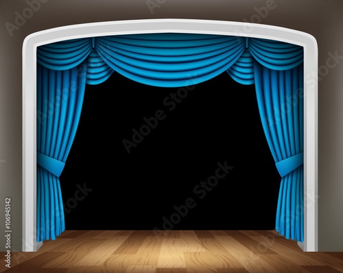 Blue curtain of classical theater with wood floor on transparent background