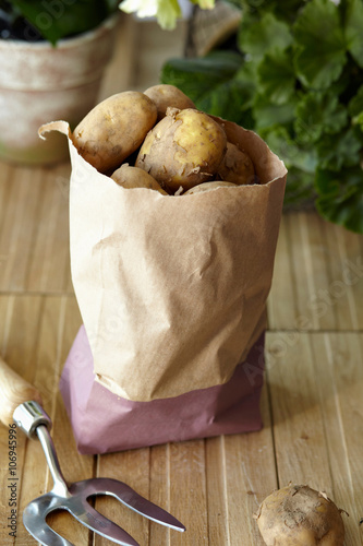 Raw potatoes in brown paper bag