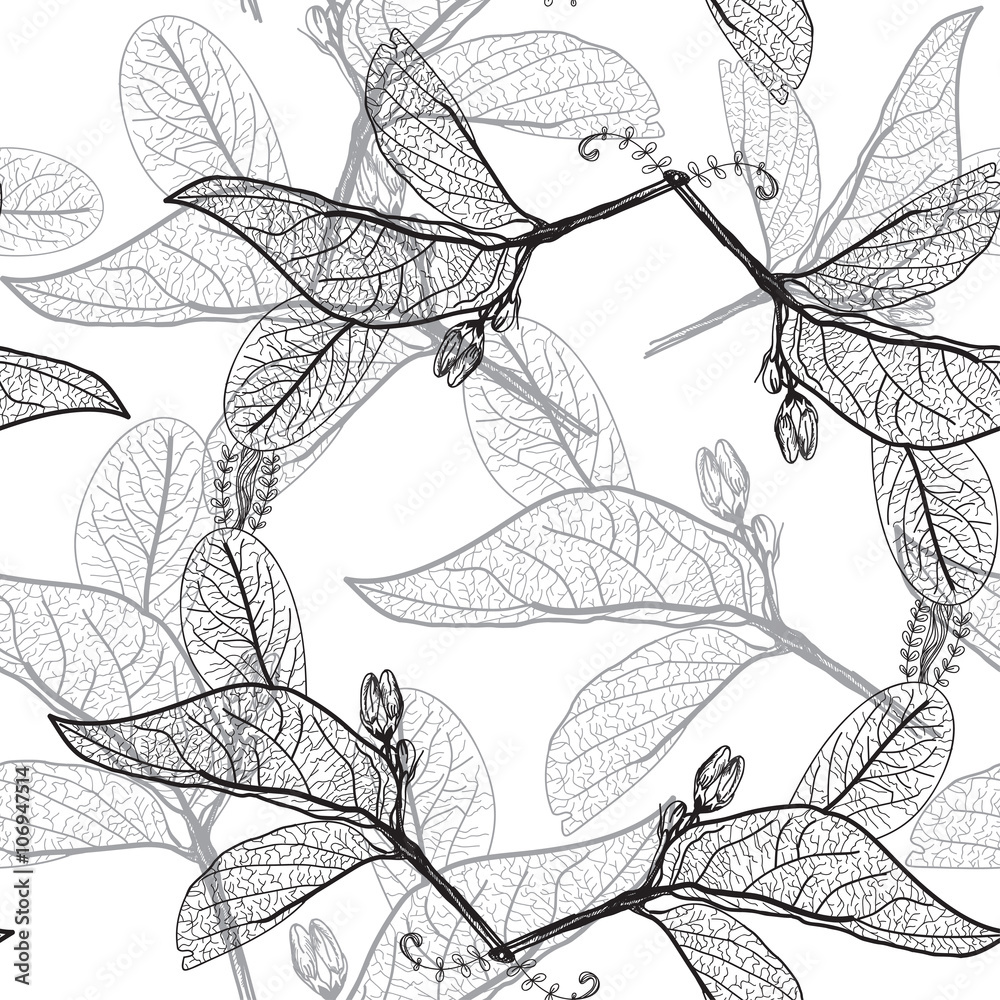 Leaves contours on a white background. floral seamless pattern
