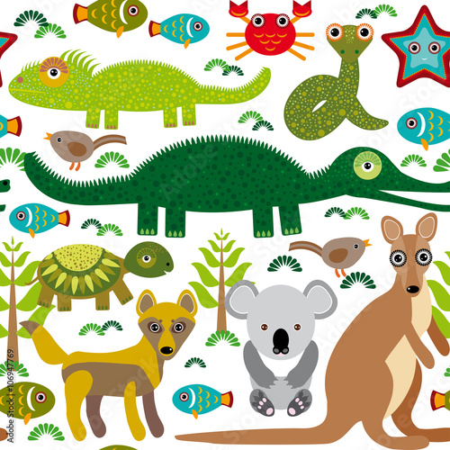 Animals Australia  snake  turtle  crocodile  alligator  kangaroo  dingo. Seamless pattern on a white background.