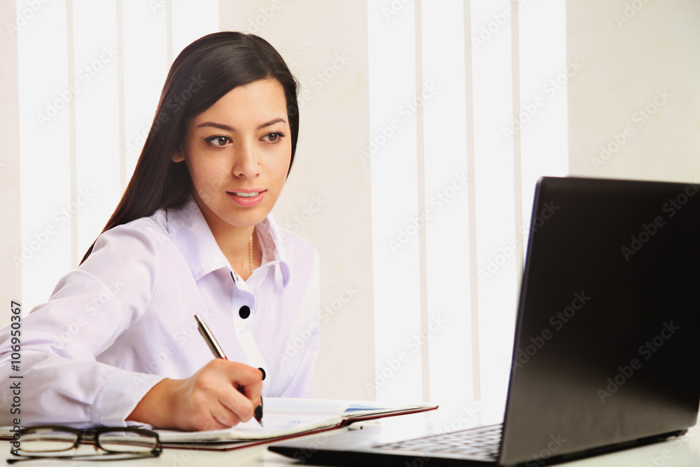 Business Woman works with a laptop (business, money, production, Business Woman works with a laptop (business, money, production,