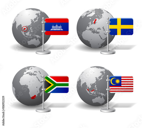 Gray Earth globes with designation of Cambodia, Malaysia, South