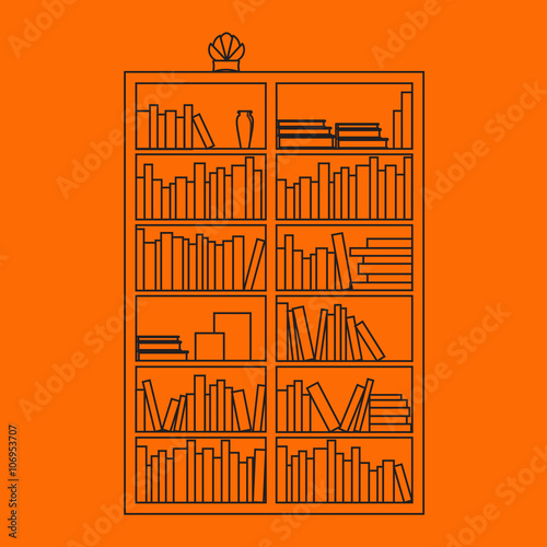 Illustration of bookshelf outline with books in vector, flat style.