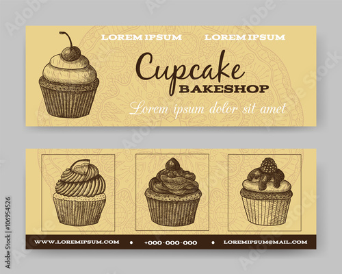 Website banner or header set. Cupcake bakeshop. Template for design. Lemon cupcake, cherry cupcake, raspberry cupcake and chocolate cupcake