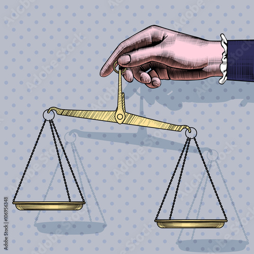 Vintage pop art drawing of woman's hand with old Weight Scales. Contains the Clipping Path