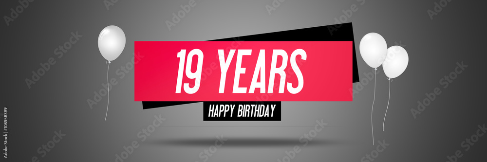 Happy Birthday Card Sign - Balloons - Banner - Anniversary - 19 Years Greetings - Illustration Happy Birthday Card Sign - Balloons - Banner - Anniversary - 19 Years Greetings - Illustration