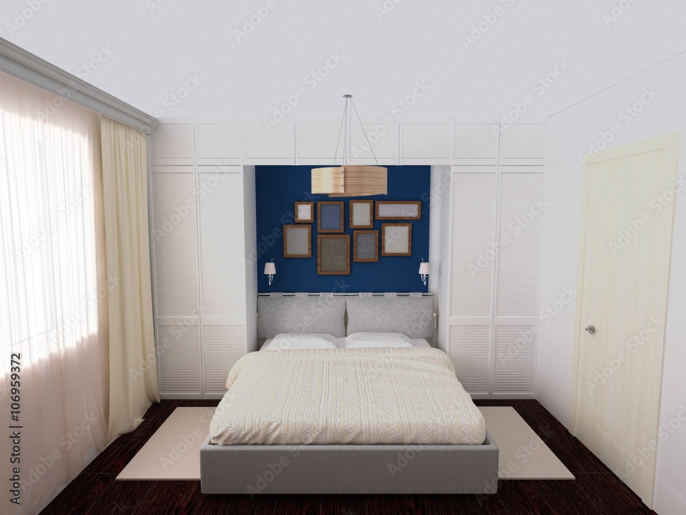 Rendering of white and blue bedroom with variety frames on wall, wardrobe hardwood floor Rendering of white and blue bedroom with variety frames on wall, wardrobe hardwood floor
