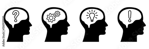 Set: Vier Gesichter im Profil mit Gehirn und Icons / Fragezeichen, Zahnräder, Glühlampe, Ausrufezeichen / schwarz-weiß, Vektor, freigestellt