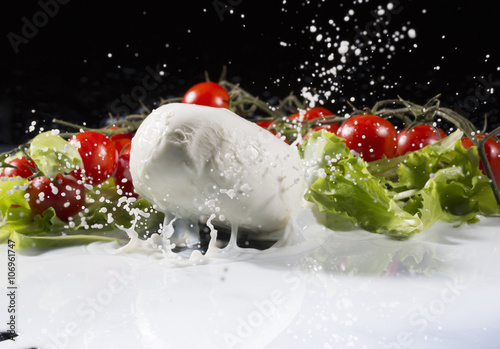 Vine tomatoes, mozzarella and lettuce leaf splashing into milk photo