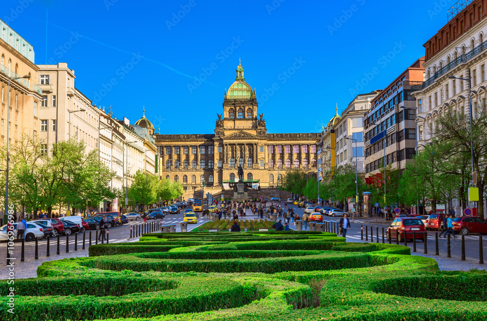 Obraz premium Wenceslas square and National Museum in Prague, Czech Republic