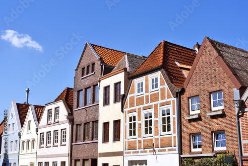 Line of houses in the old town of Buxtehude, Germany. Hamburg, North Germany. Historical city with old houses. Old facades.