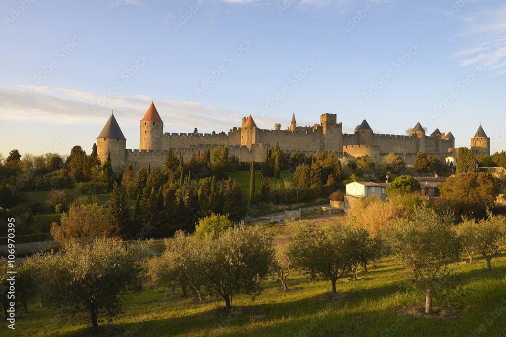 View of Carcassonne at sunset - Languedoc-Roussillon, France
