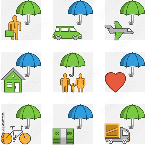 Vector modern line set symbols of insurance. Outline business insurance and cargo insurance. Line property insurance and accident insurance.