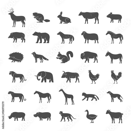 Set of vector illustrations farm animals icon set. Collection black silhouettes of wild animals.