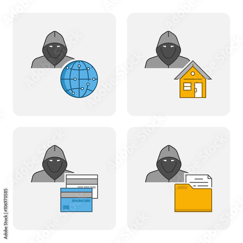Modern icon theft on the internet. Vector symbol of identity theft. Linear icon theft of files. Flat character theft of credit cards.