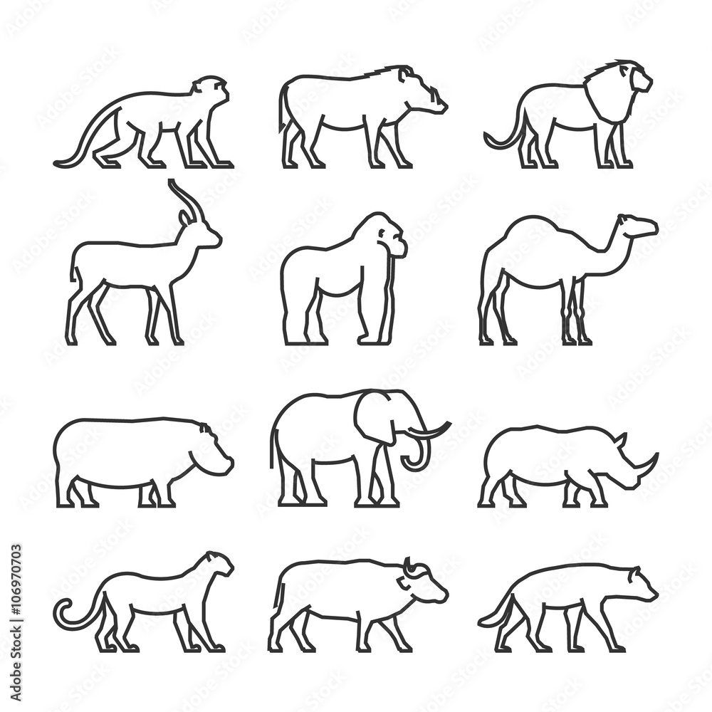Vector set outline African animals. Vector line silhouette of monkey, warthog, lion and antelope. Geometric linear animals of Africa. The outline silhouette gorilla, camel, hippo and elephant. Vector set outline African animals. Vector line silhouette of monkey, warthog, lion and antelope. Geometric linear animals of Africa. The outline silhouette gorilla, camel, hippo and elephant.