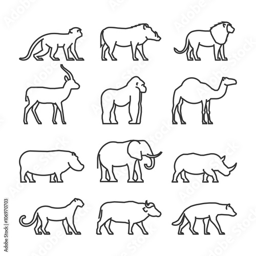 Vector set outline African animals. Vector line silhouette of monkey  warthog  lion and antelope. Geometric linear animals of Africa. The outline silhouette gorilla  camel  hippo and elephant.