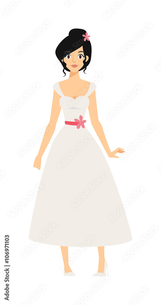 Woman wearing wedding white dress fashion bride girl luxury young person character vector.