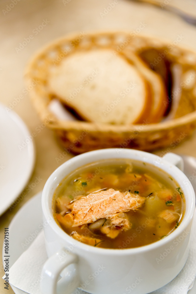 Fish soup on table at restaurant Fish soup on table at restaurant