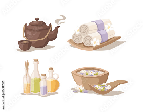 Spa sketch decorative symbols set with bamboo towels aroma candles oils vector. 